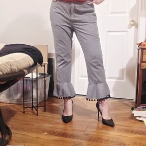 Zara Black & White Gingham Flounce Pom-Pom Ankle Pants